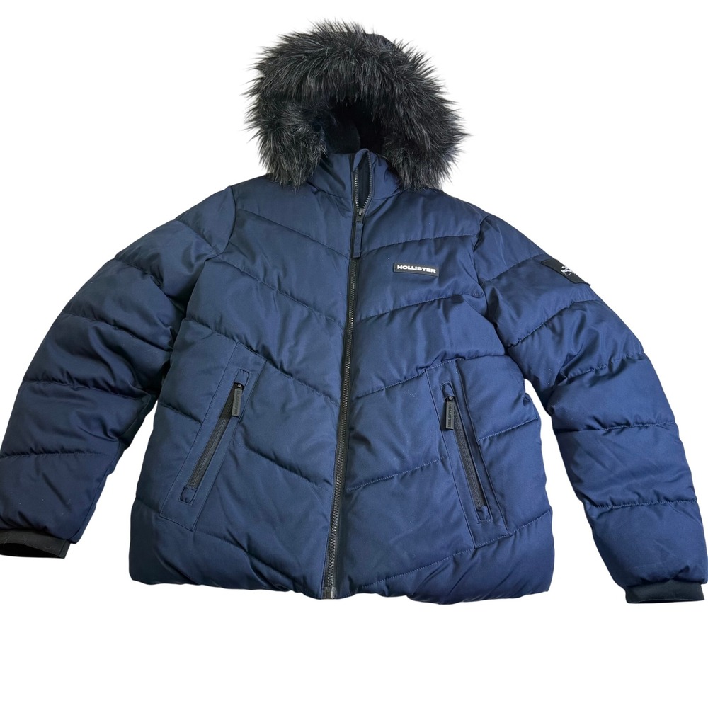 Hollister Puffer Jacket Men Small Navy Blue Excellent Faux Fur Hood Quilted